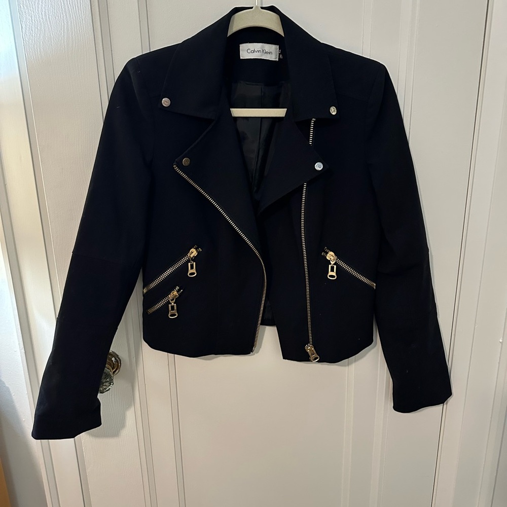 Calvin Klein Black Leather Jacket with Gold Accents